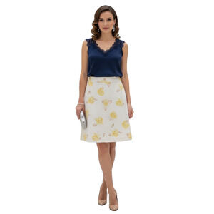 Banana Republic Polished Cotton Stretch Yellow Rose Floral A-Line Skirt Lined 8